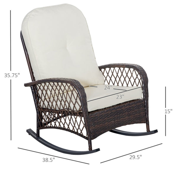 English Elm Outsunny Cream White Wicker Rocking Chair With Thick Cushion, Steel Frame, High Capacity For Outdoor Bliss W2225P200403-GIGA