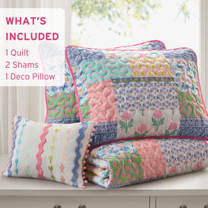 English Elm 4-Piece Full/Queen Quilt Set Pink Floral Coverlet with 2 Shams & Throw Pillow, Soft Microfiber Comfort B035P408452