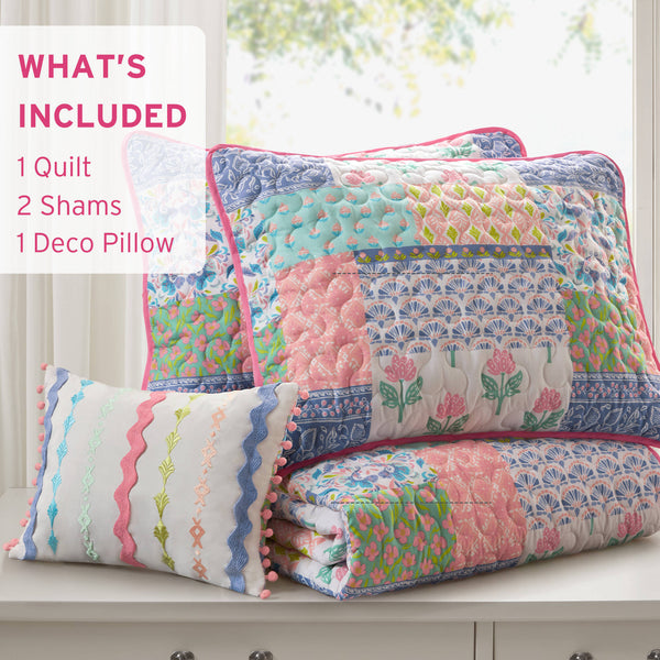 English Elm 4-Piece Full/Queen Quilt Set Pink Floral Coverlet with 2 Shams & Throw Pillow, Soft Microfiber Comfort B035P408452