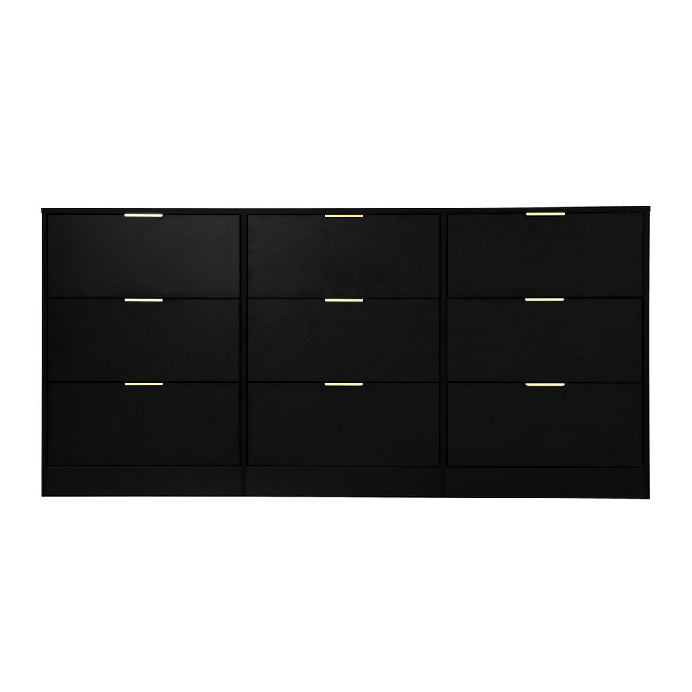 English Elm Black 9 Drawer Dresser with Gold Handles — 63" Deep Storage Chest, Modern Wooden Cabinet for Bedroom W409P307593