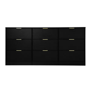 English Elm Black 9 Drawer Dresser with Gold Handles — 63" Deep Storage Chest, Modern Wooden Cabinet for Bedroom W409P307593