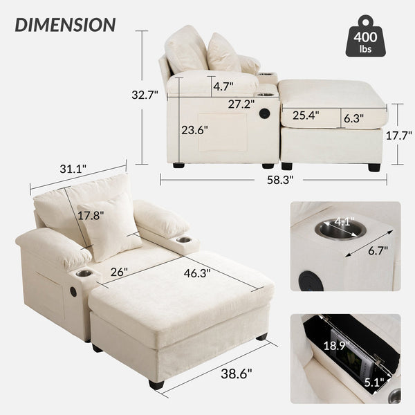 English Elm Ergonomic Oversized Chenille Chair with Ottoman, Firm Lumbar Support, Cup Holders, USB Charging, Convertible Sofa Bed for Back Pain Relief Beige W2606P288193