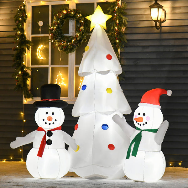 English Elm HOMCOM Inflatable 6ft Snowman with Christmas Tree Lawn Decor, Bright LED Lights and Wind Stakes White W2225P249951