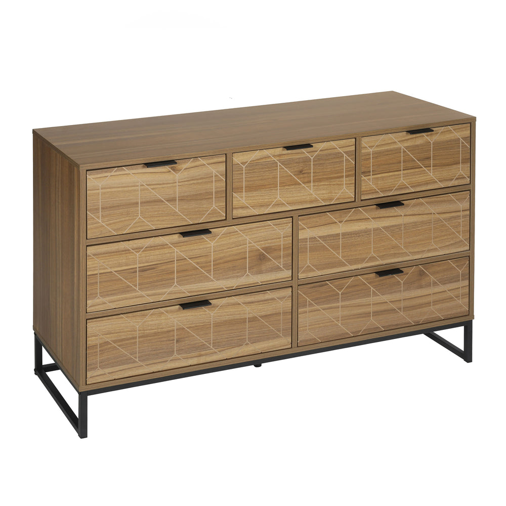 English Elm Modern 7 Drawer Dresser with Walnut Veneer, Metal Base & Anti-Slip Feet, Retro Solid Wood Look PMID W68858683