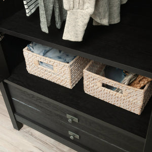 English Elm Armoire, Sleek Black Storage Solution With Adjustable Shelves For Compact Living Spaces & Style B356P402654