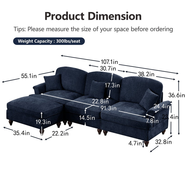 English Elm Mid Century three-seater modular L-shaped sectional sofa with removable ruffle skirts, chenille comfort and spindle legs — versatile, elegant seating solution Blue W3041S00256