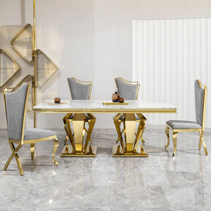 English Elm Luxury Gold Pvd Steel Rectangular Dining Table with Black Tempered Glass Seats Six White+Gold W2723S00086