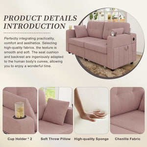 English Elm Sofas for Living Room Chenille Three Seat Couch with Usb Charging Storage and Cup Holder Pink W395S00147