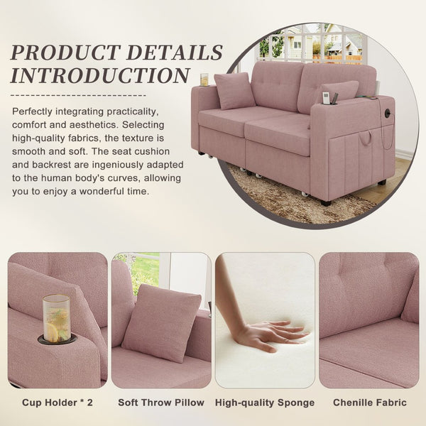 English Elm Sofas for Living Room Chenille Three Seat Couch with Usb Charging Storage and Cup Holder Pink W395S00147