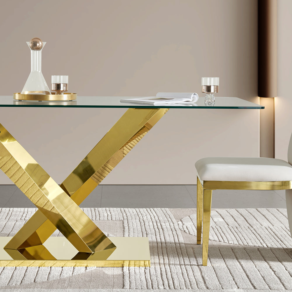 English Elm Gold Stainless Steel Dining Table With Clear Tempered Glass Top - Elegant, Modern & Versatile Decor W2723S00045