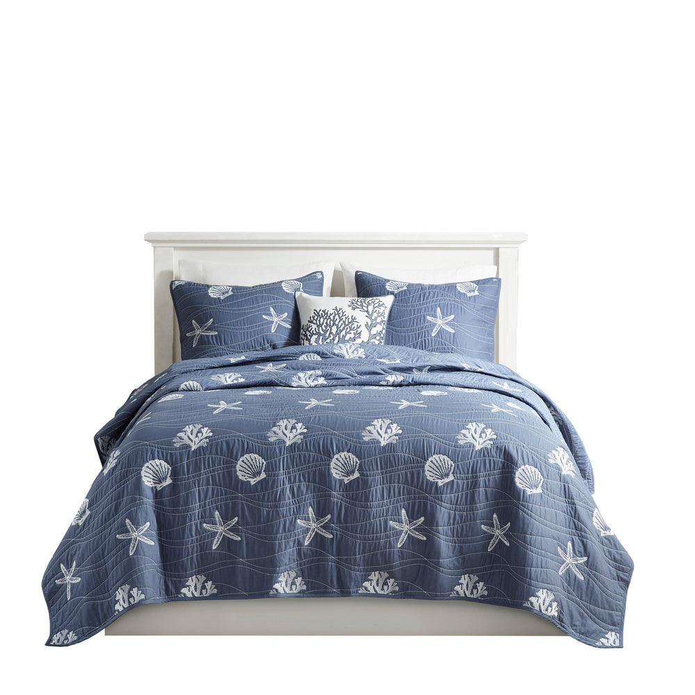English Elm 4 Piece Cotton Reversible Embroidered Quilt Set with Coastal Starfish & Shell Motifs, OEKO-TEX Certified Quality Navy 20.87 L x 16.93 W x 6.5 H B03595793