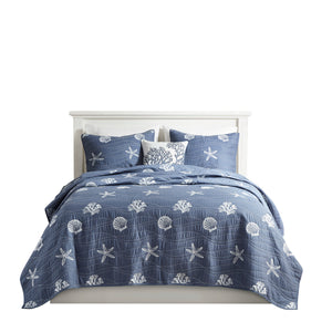 English Elm 4 Piece Cotton Reversible Embroidered Quilt Set with Coastal Starfish & Shell Motifs, OEKO-TEX Certified Quality Navy 20.87 L x 16.93 W x 6.5 H B03595793