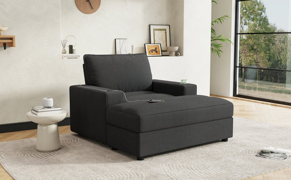 English Elm Christopher Knight Home® - 42.8" Oversized Chaise Lounge with Storage Ottoman, Corduroy Upholstery, USB Port & Cup Holders for Cozy Living Space Grey N765P350851G