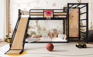 English Elm Twin Metal Loft Bed with Slide Basketball Hoop Climbing Wall and Built-in Shelves W1580S00631