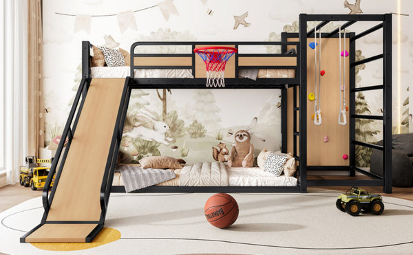 English Elm Twin Metal Loft Bed with Slide Basketball Hoop Climbing Wall and Built-in Shelves W1580S00631
