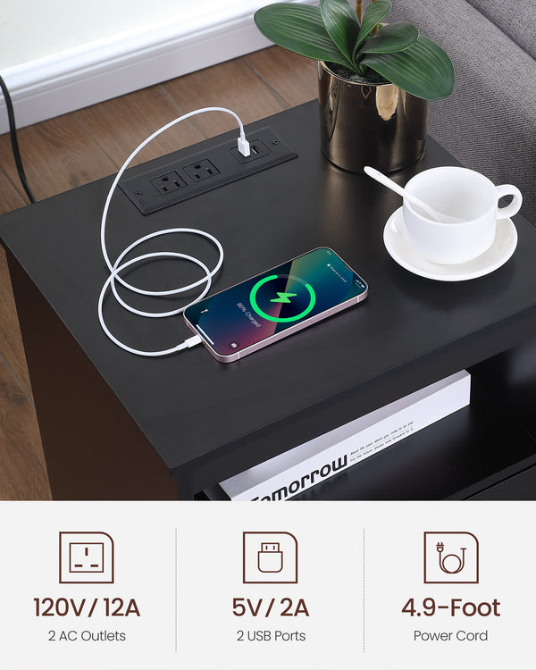 English Elm Nightstand with Drawer | 3-Tier Modern Bedside Table with Hidden Drawer, Open Shelves, Sturdy Build Black 25.9 L x 16.7 W x 5.5 H W3151P345809