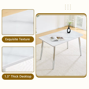 English Elm Modern Marble Look Glass Top Rectangular Dining Table Seats Six Silver Tapered Legs W1151S04623