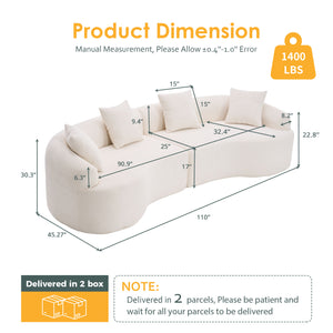 English Elm Curved Boneless Sofa modular 110" sectional with high-density foam & spring core, kid‑friendly curves, no assembly required for easy moving and cozy lounging White W2231S00005