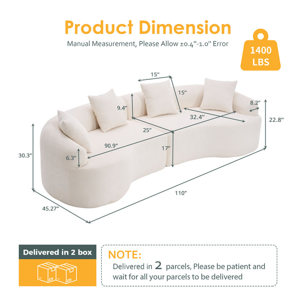 English Elm Curved Boneless Sofa modular 110" sectional with high-density foam & spring core, kid‑friendly curves, no assembly required for easy moving and cozy lounging White W2231S00005