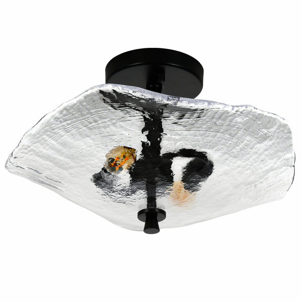 English Elm Ceiling Modern Flush Mount Light with Water Ripple Glass Shade, Black Semi-Flush LED Fixture for Hallway Bedroom Porch W2312P390005