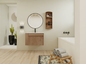 English Elm 30" Wall-Mounted Bathroom Vanity With Ceramic Sink, Soft-Close Doors & Versatile Storage Rack W999S00342