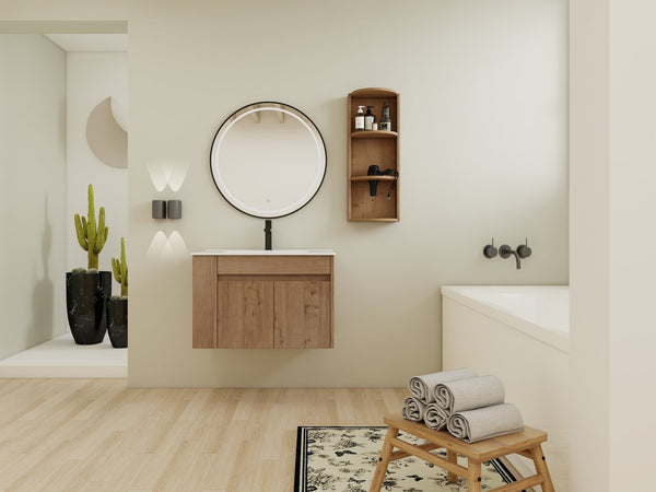 English Elm 30" Wall-Mounted Bathroom Vanity With Ceramic Sink, Soft-Close Doors & Versatile Storage Rack W999S00342