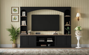 English Elm Arched Farmhouse Entertainment Center with Open Shelving for Living Room Black N721S000063B