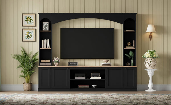English Elm Arched Farmhouse Entertainment Center with Open Shelving for Living Room Black N721S000063B