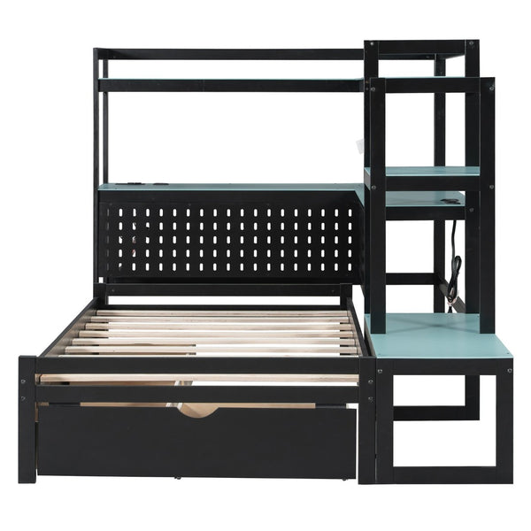 English Elm Twin Gaming Daybed with Led Strips Desk Pegboard Bookcase and Three Storage Drawers Black+Blue N820S00083C