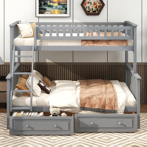 English Elm Twin Convertible Bunk Bed with Built-In Rolling Drawers and Solid Pine/MDF Frame, Space-Saving Durable Design Gray N7090004020E