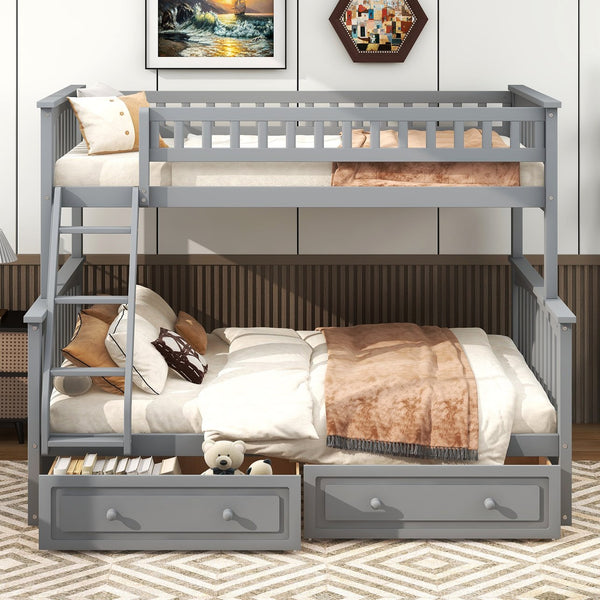 English Elm Twin Convertible Bunk Bed with Built-In Rolling Drawers and Solid Pine/MDF Frame, Space-Saving Durable Design Gray N7090004020E