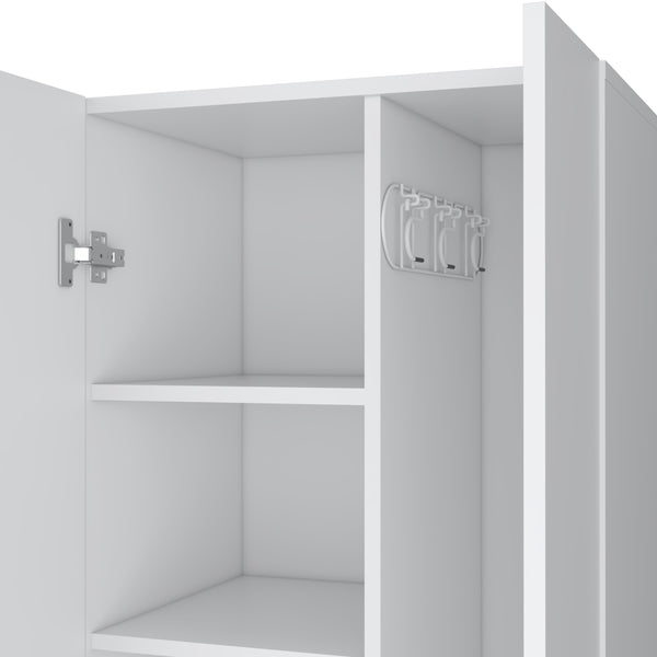 English Elm Broom Slim Double-Door Cabinet with Shelves & 3 Side Hangers, White Engineered Wood Storage B097S00188