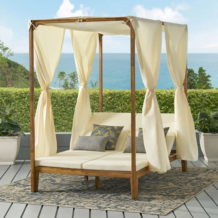 English Elm Christopher Knight Home® - KENZIE Teak Daybed with Water-Resistant Curtains & Dual Adjustable Chaise Lounges – Outdoor Luxe Retreat 71046.00WTC-CUSH-CRM