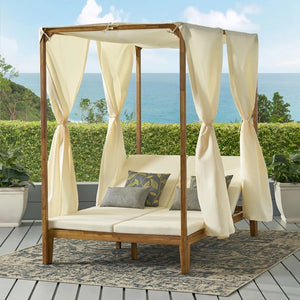 English Elm Christopher Knight Home® - KENZIE Teak Daybed with Water-Resistant Curtains & Dual Adjustable Chaise Lounges – Outdoor Luxe Retreat 71046.00WTC-CUSH-CRM