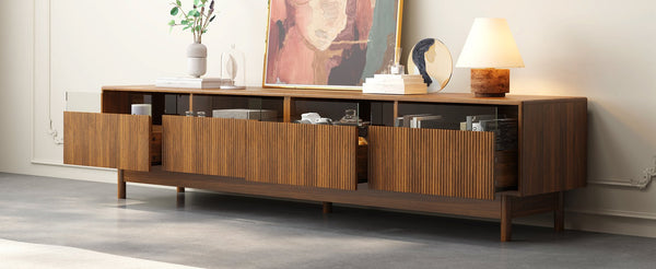 English Elm 78inch TV Stand Walnut for up to 85" TVs — Fluted Glass Drawers, Cable Management, Solid-Wood Legs PMID N710P362197P