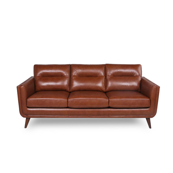 English Elm Mid-Century Tufted Leather Sofa with Brushed Rose Gold Legs, High-Resilience Foam & Durable Coil Support Light Brown B193P200159