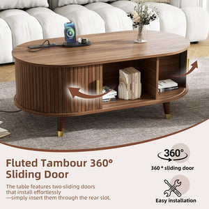 English Elm [Assembly Fluted Tambour Coffee Table with 360° Sliding Door, Built-In Charging Station & Mid-Century Flair Walnut N721P297572D