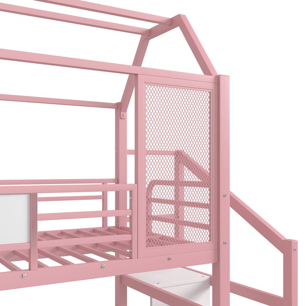 English Elm Twin House Loft Bed with Slide and Stairs, Metal Playhouse with Storage Shelves and Quiet Design Pink W1580S00349