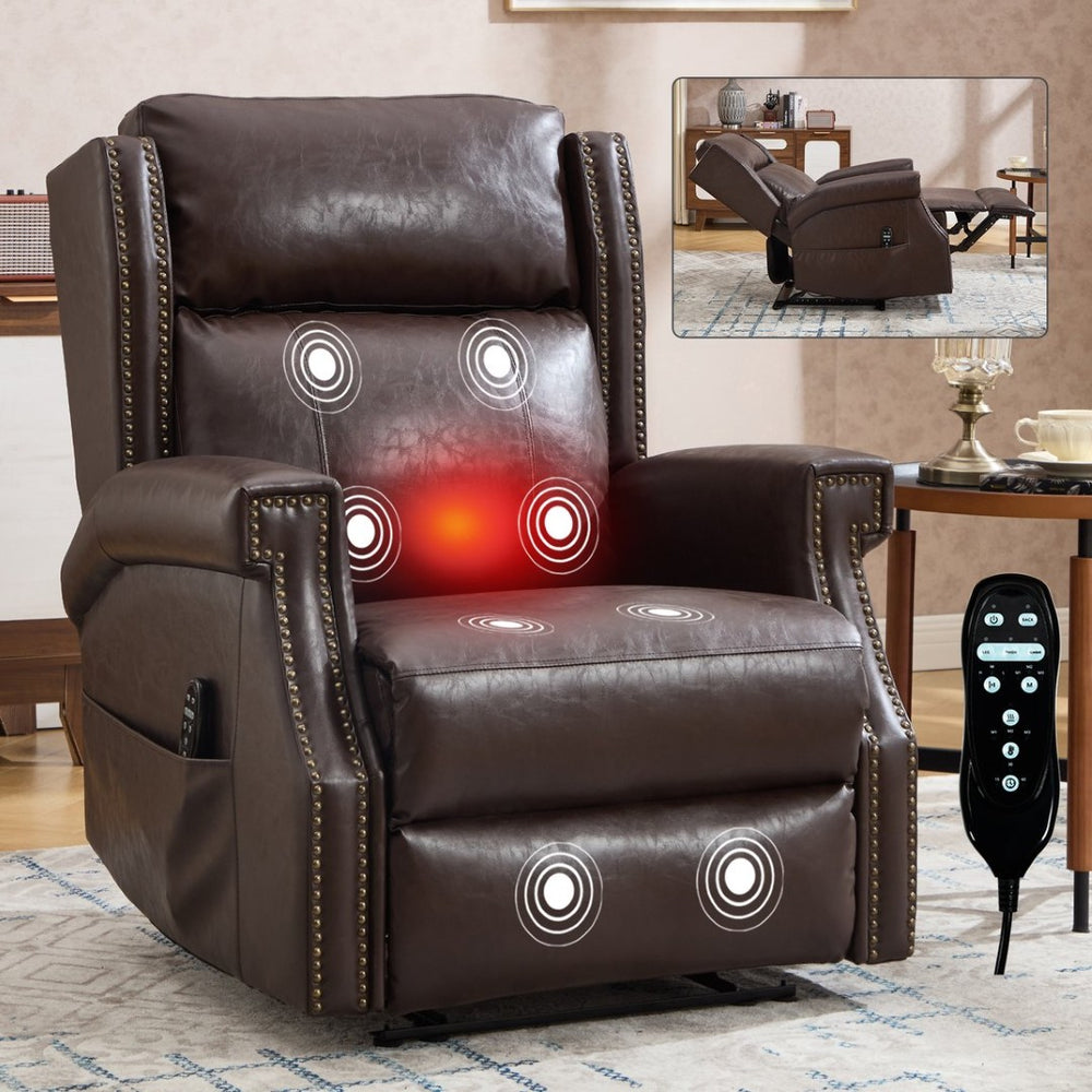 English Elm Emon's Overstuffed Chenille Power Lift Recliner with Massage Heat and Charging Ports Antique Brown W1803S00092
