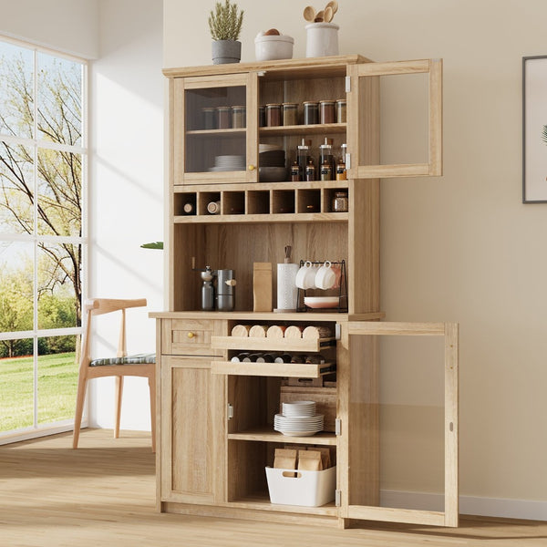 English Elm Topmax Farmhouse Buffet Hutch with Wine Rack Shaker Glass Pantry Cabinet N717P327043N