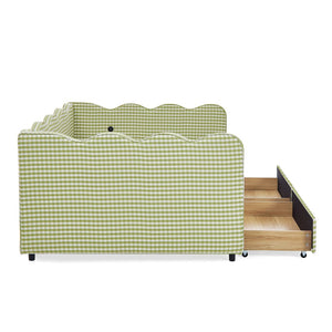 English Elm Full Size Gingham Linen Daybed with Wave Backrest Trundle and Usb Charging Port Green W1413S00147