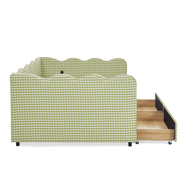 English Elm Full Size Gingham Linen Daybed with Wave Backrest Trundle and Usb Charging Port Green W1413S00147