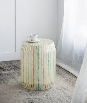 English Elm 14x14x18" Capiz Stool with Ogee Pattern and Brass Base — Modern Geometric Accent Seat for Living Spaces Cream,Green W2078P326519