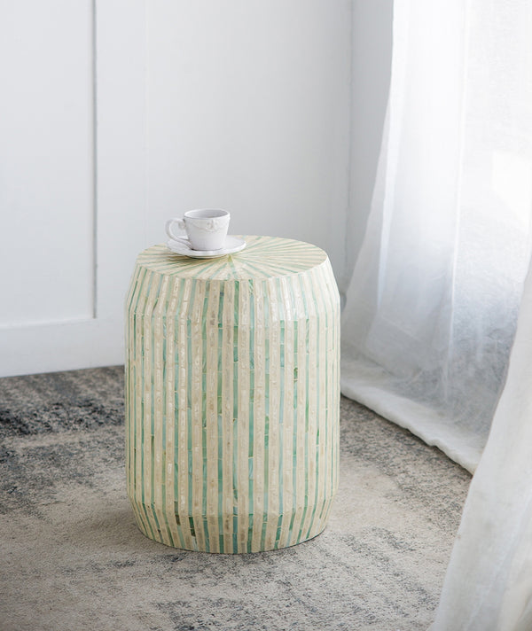 English Elm 14x14x18" Capiz Stool with Ogee Pattern and Brass Base — Modern Geometric Accent Seat for Living Spaces Cream,Green W2078P326519