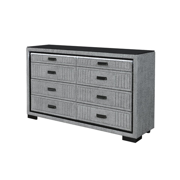 English Elm Isaiah Upholstered Wood Chest with LED Lighting, Spacious Drawers, Black Bar Handles & Block Feet Gray 62.6 L x 18.11 W x 37.6 H B201P391166