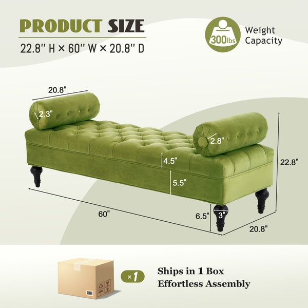 English Elm Modern Tufted Velvet Bench with Gourd Legs and Pillows for Bedroom Entryway Green N761P335807F