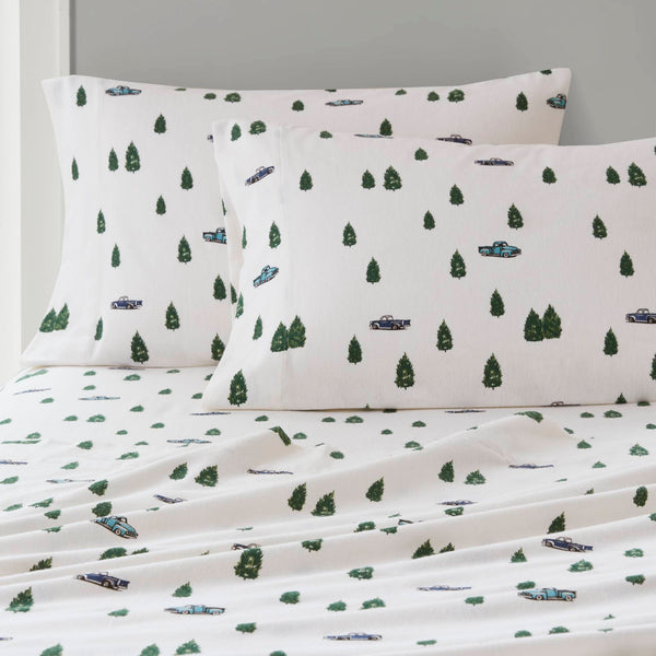 English Elm 4 Pcs King Sheet Set - Cozy Cotton Flannel With Green Trees & Trucks Design For Rustic Charm B035P319769