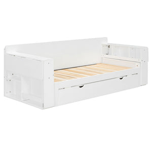 English Elm Queen Daybed with Hydraulic Desk Storage Drawers and Convertible Sofa for Small Spaces White LT000272AAK