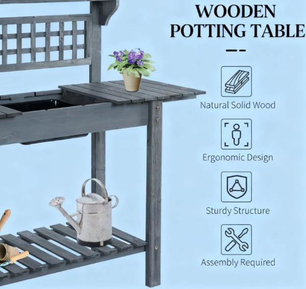 English Elm Wooden Fir Outdoor Potting Bench with Sliding Top Built-in Basin and Tiered Storage T3971P422234