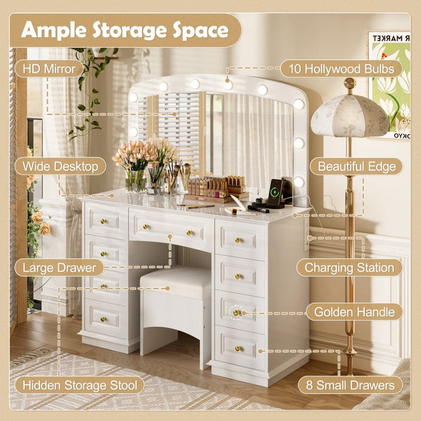 English Elm <old Sku Hollywood Vanity with 10 Bulbs 9 Drawers Cushioned Stool White Glam Bedroom N704G202308A